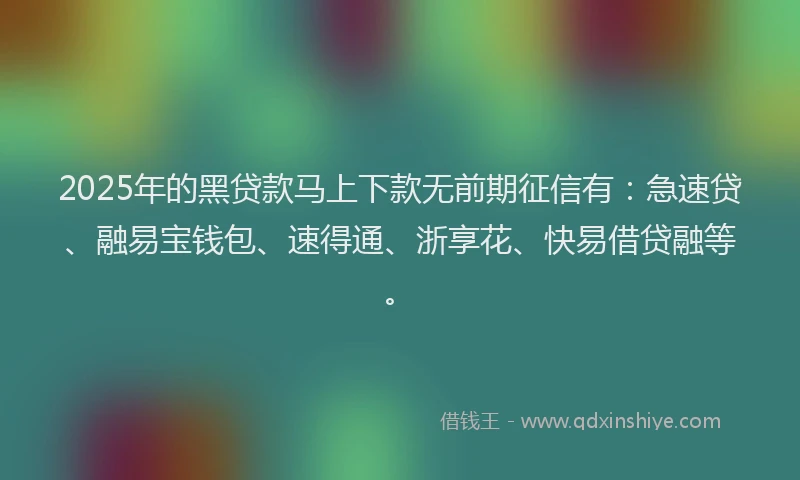 2025年的黑贷款马上下款无前期征信有：急速贷、融易宝钱包、速得通、浙享花、快易借贷融等。