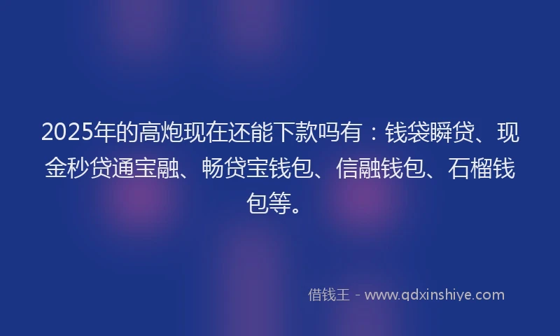 2025年的高炮现在还能下款吗有：钱袋瞬贷、现金秒贷通宝融、畅贷宝钱包、信融钱包、石榴钱包等。