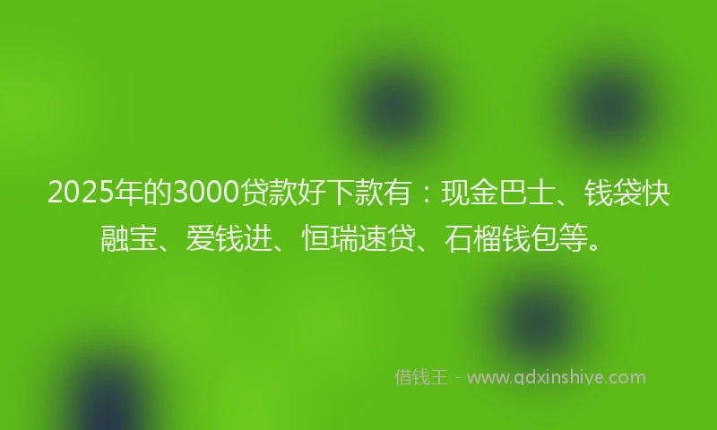 2025年的3000贷款好下款有：现金巴士、钱袋快融宝、爱钱进、恒瑞速贷、石榴钱包等。