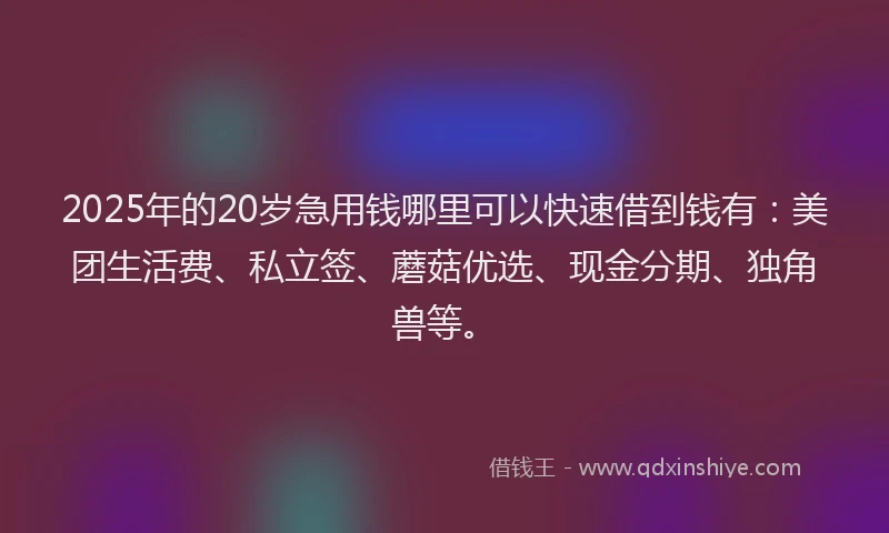 2025年的20岁急用钱哪里可以快速借到钱有：美团生活费、私立签、蘑菇优选、现金分期、独角兽等。