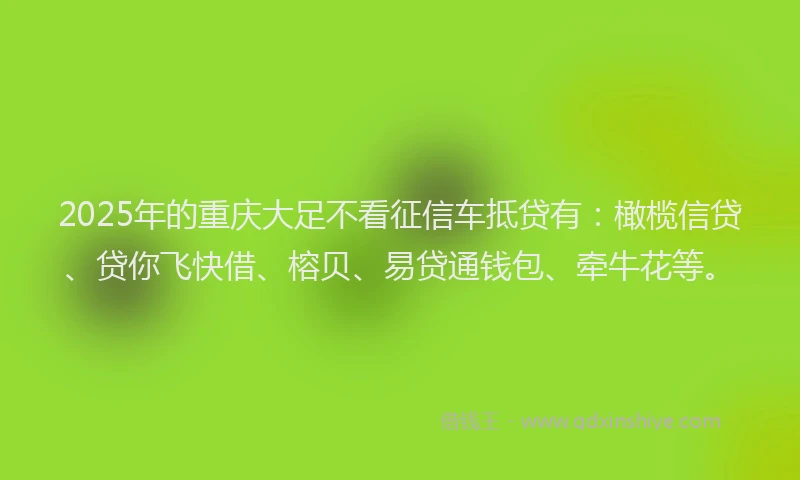 2025年的重庆大足不看征信车抵贷有：橄榄信贷、贷你飞快借、榕贝、易贷通钱包、牵牛花等。