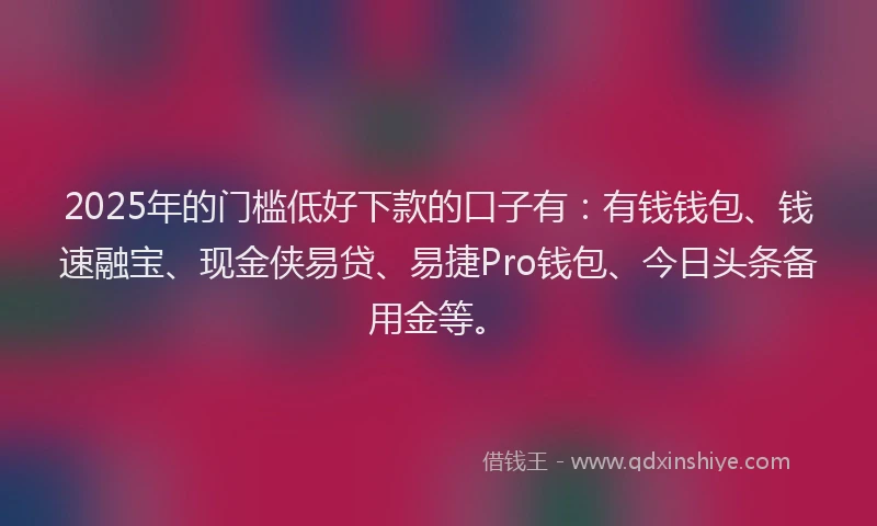 2025年的门槛低好下款的口子有：有钱钱包、钱速融宝、现金侠易贷、易捷Pro钱包、今日头条备用金等。
