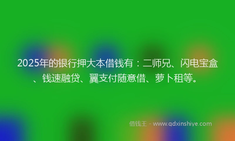 2025年的银行押大本借钱有:二师兄、闪电宝盒、钱速融贷、翼支付随意借、萝卜租等。