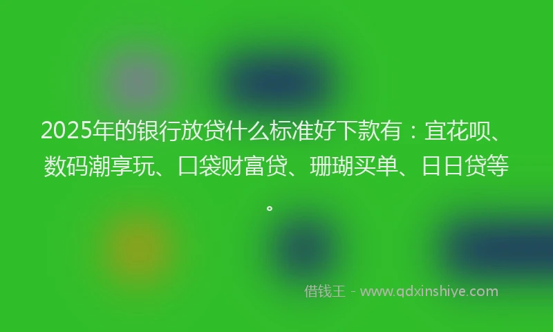 2025年的银行放贷什么标准好下款有：宜花呗、数码潮享玩、口袋财富贷、珊瑚买单、日日贷等。