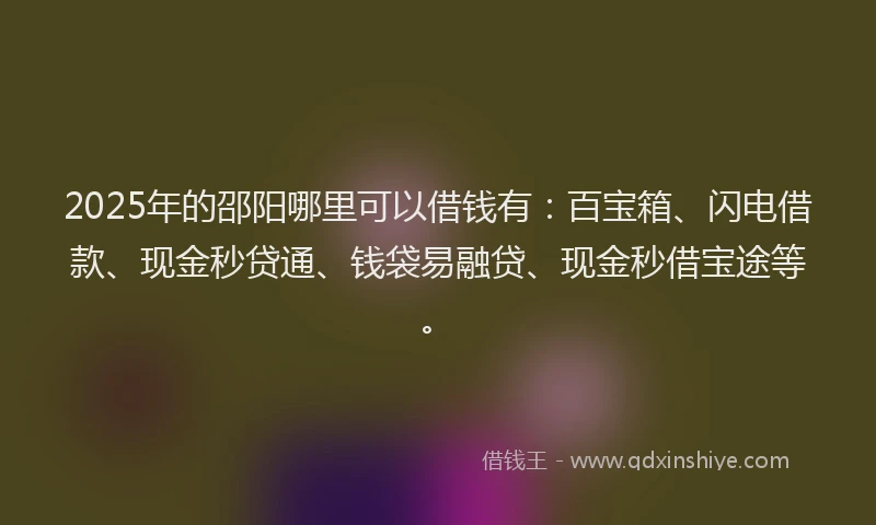 2025年的邵阳哪里可以借钱有:百宝箱、闪电借款、现金秒贷通、钱袋易融贷、现金秒借宝途等。