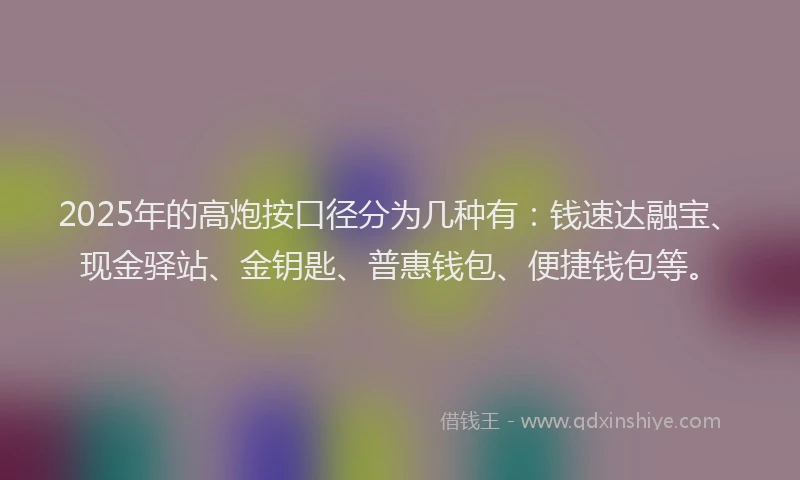2025年的高炮按口径分为几种有：钱速达融宝、现金驿站、金钥匙、普惠钱包、便捷钱包等。