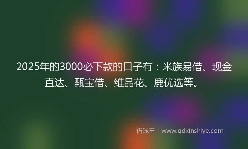 2025年的3000必下款的口子有：米族易借、现金直达、甄宝借、维品花、鹿优选等。