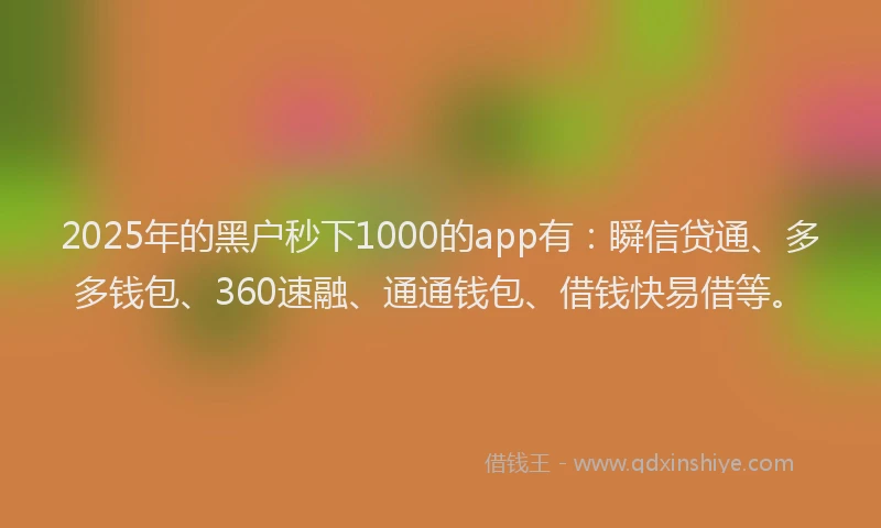 2025年的黑户秒下1000的app有：瞬信贷通、多多钱包、360速融、通通钱包、借钱快易借等。