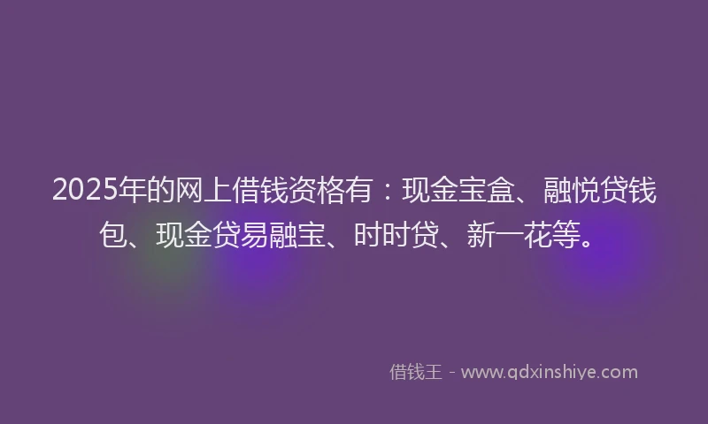 2025年的网上借钱资格有：现金宝盒、融悦贷钱包、现金贷易融宝、时时贷、新一花等。