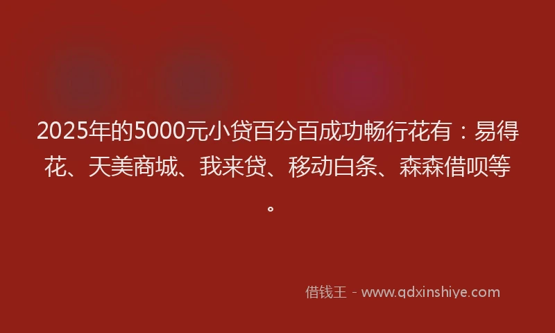 2025年的5000元小贷百分百成功畅行花有：易得花、天美商城、我来贷、移动白条、森森借呗等。