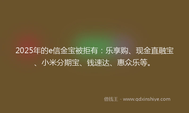 2025年的e信金宝被拒有：乐享购、现金直融宝、小米分期宝、钱速达、惠众乐等。