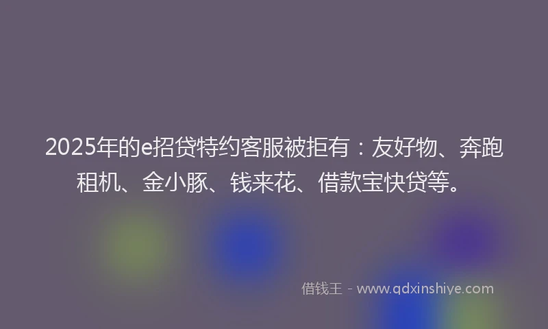 2025年的e招贷特约客服被拒有：友好物、奔跑租机、金小豚、钱来花、借款宝快贷等。