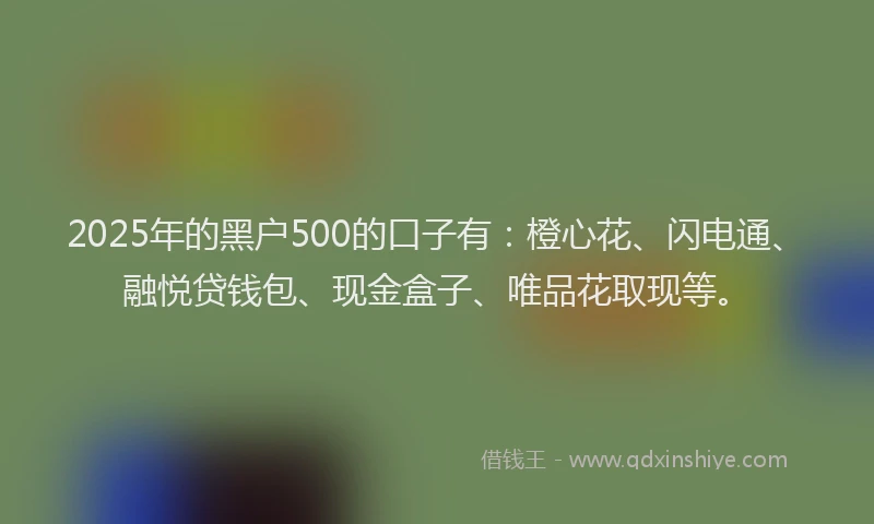 2025年的黑户500的口子有：橙心花、闪电通、融悦贷钱包、现金盒子、唯品花取现等。