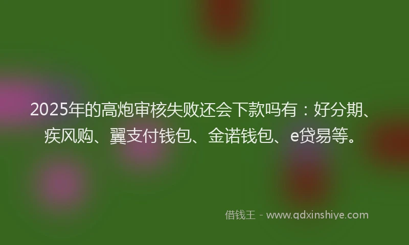 2025年的高炮审核失败还会下款吗有：好分期、疾风购、翼支付钱包、金诺钱包、e贷易等。