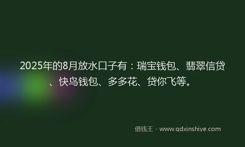 2025年的8月放水口子有：瑞宝钱包、翡翠信贷、快鸟钱包、多多花、贷你飞等。