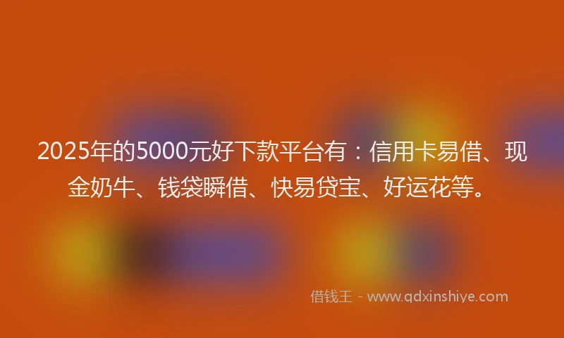 2025年的5000元好下款平台有：信用卡易借、现金奶牛、钱袋瞬借、快易贷宝、好运花等。