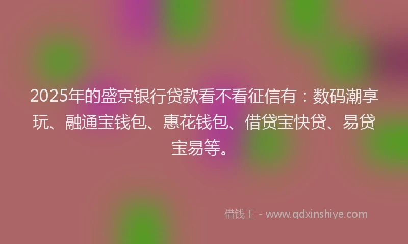 2025年的盛京银行贷款看不看征信有：数码潮享玩、融通宝钱包、惠花钱包、借贷宝快贷、易贷宝易等。