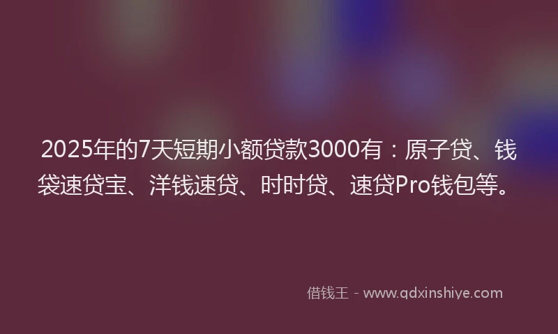 2025年的7天短期小额贷款3000有：原子贷、钱袋速贷宝、洋钱速贷、时时贷、速贷Pro钱包等。