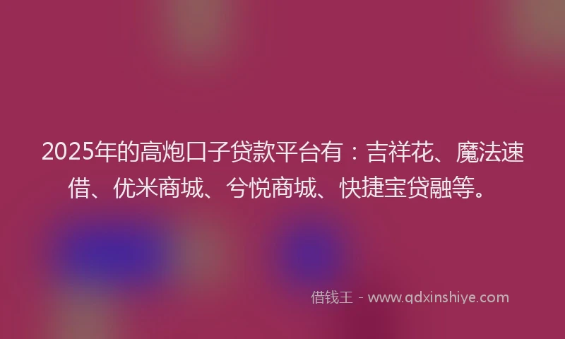 2025年的高炮口子贷款平台有：吉祥花、魔法速借、优米商城、兮悦商城、快捷宝贷融等。