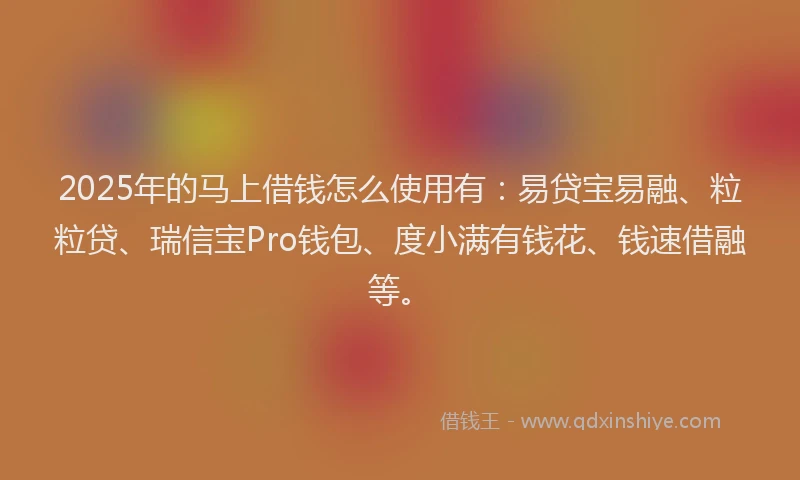 2025年的马上借钱怎么使用有:易贷宝易融、粒粒贷、瑞信宝Pro钱包、度小满有钱花、钱速借融等。