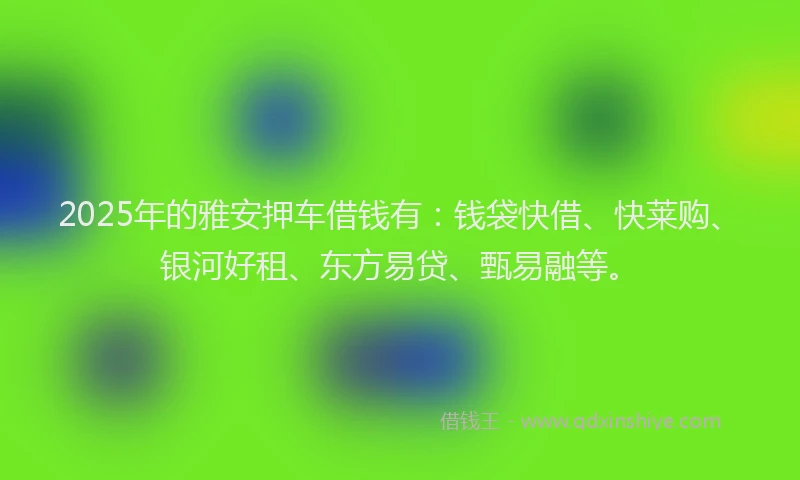 2025年的雅安押车借钱有:钱袋快借、快莱购、银河好租、东方易贷、甄易融等。
