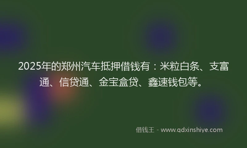 2025年的郑州汽车抵押借钱有：米粒白条、支富通、信贷通、金宝盒贷、鑫速钱包等。