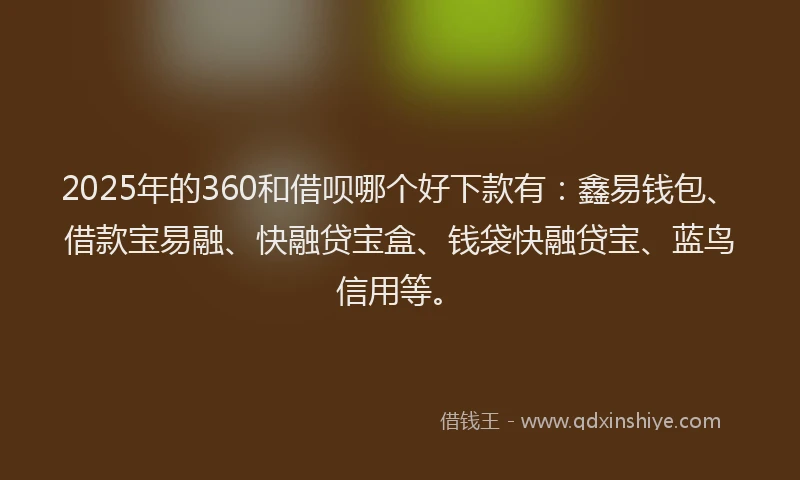 2025年的360和借呗哪个好下款有：鑫易钱包、借款宝易融、快融贷宝盒、钱袋快融贷宝、蓝鸟信用等。
