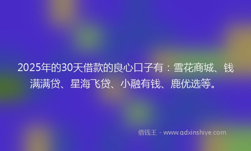 2025年的30天借款的良心口子有：雪花商城、钱满满贷、星海飞贷、小融有钱、鹿优选等。