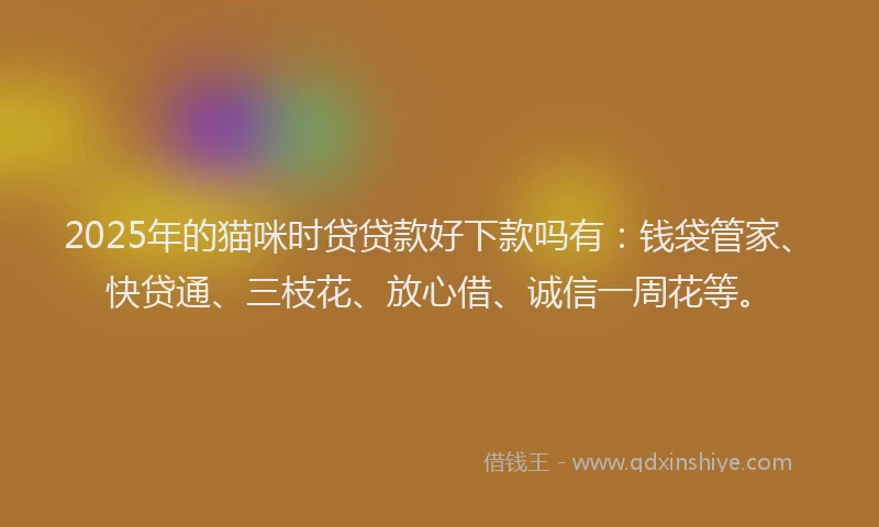 2025年的猫咪时贷贷款好下款吗有：钱袋管家、快贷通、三枝花、放心借、诚信一周花等。
