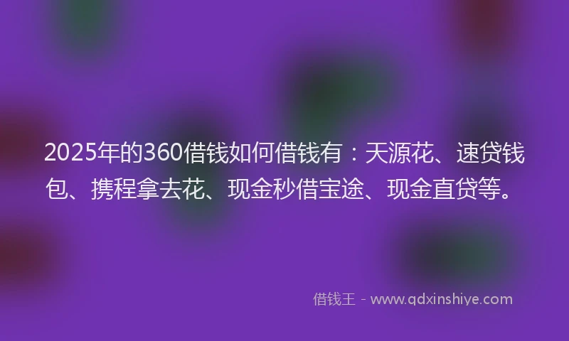 2025年的360借钱如何借钱有:天源花、速贷钱包、携程拿去花、现金秒借宝途、现金直贷等。