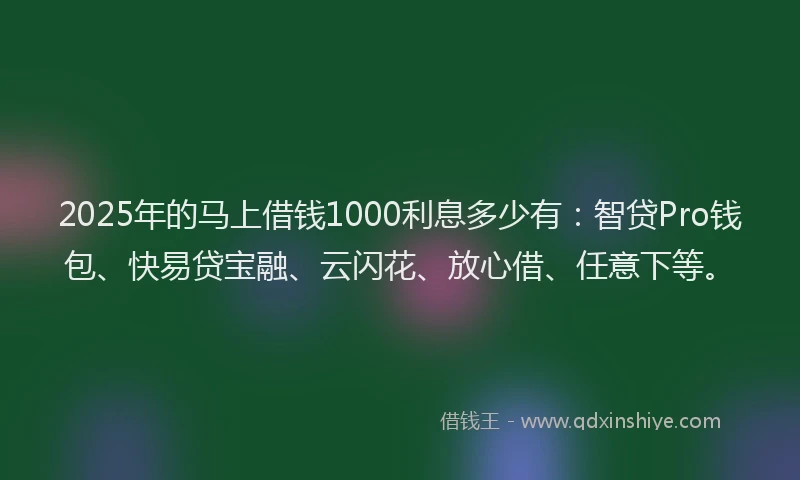 2025年的马上借钱1000利息多少有:智贷Pro钱包、快易贷宝融、云闪花、放心借、任意下等。