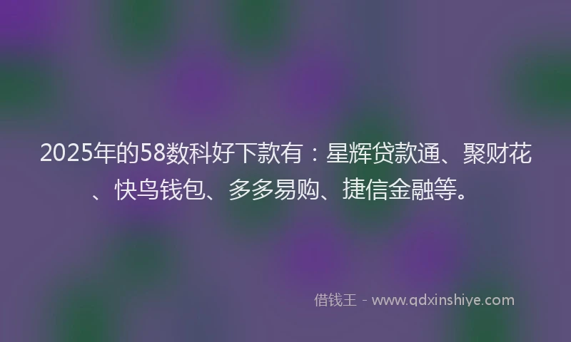 2025年的58数科好下款有：星辉贷款通、聚财花、快鸟钱包、多多易购、捷信金融等。