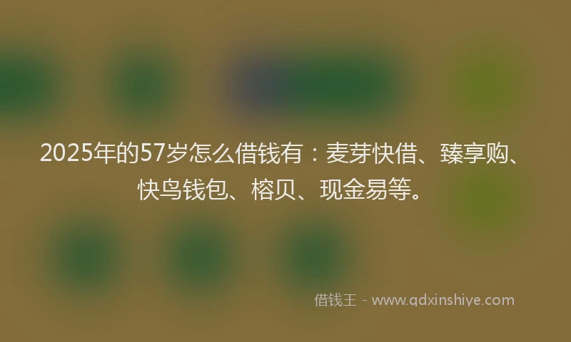 2025年的57岁怎么借钱有：麦芽快借、臻享购、快鸟钱包、榕贝、现金易等。