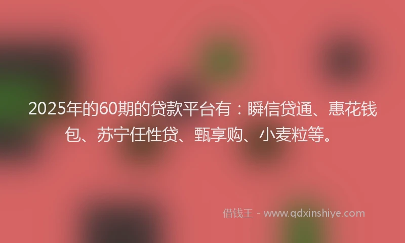 2025年的60期的贷款平台有：瞬信贷通、惠花钱包、苏宁任性贷、甄享购、小麦粒等。