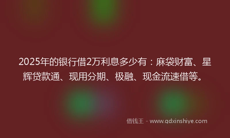 2025年的银行借2万利息多少有:麻袋财富、星辉贷款通、现用分期、极融、现金流速借等。