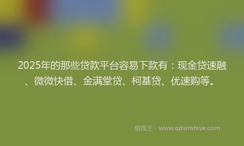2025年的那些贷款平台容易下款有：现金贷速融、微微快借、金满堂贷、柯基贷、优速购等。
