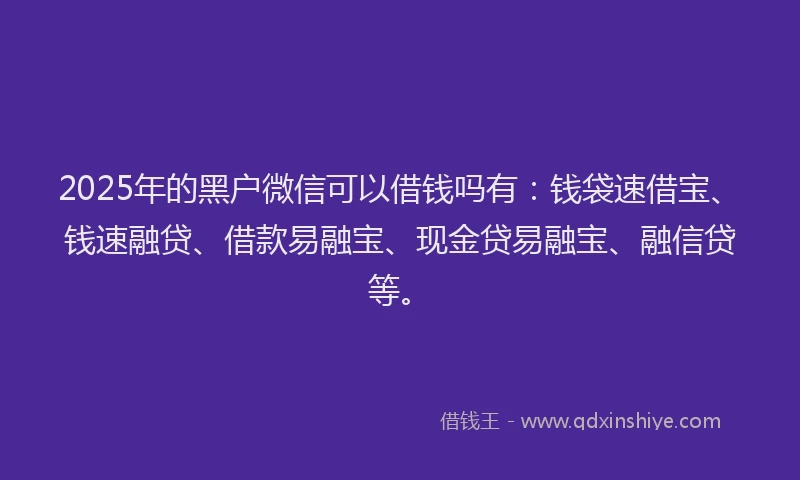 2025年的黑户微信可以借钱吗有:钱袋速借宝、钱速融贷、借款易融宝、现金贷易融宝、融信贷等。