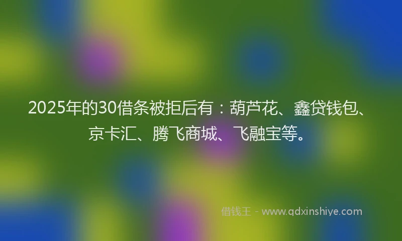 2025年的30借条被拒后有：葫芦花、鑫贷钱包、京卡汇、腾飞商城、飞融宝等。