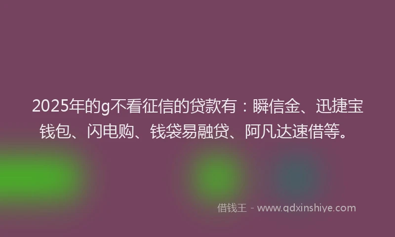 2025年的g不看征信的贷款有：瞬信金、迅捷宝钱包、闪电购、钱袋易融贷、阿凡达速借等。