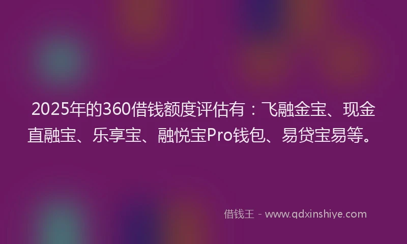 2025年的360借钱额度评估有：飞融金宝、现金直融宝、乐享宝、融悦宝Pro钱包、易贷宝易等。