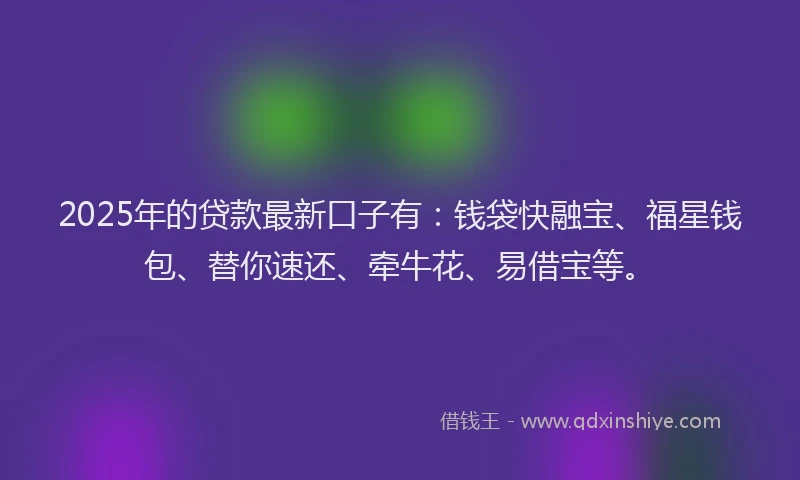 2025年的贷款最新口子有：钱袋快融宝、福星钱包、替你速还、牵牛花、易借宝等。