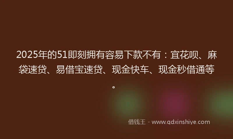 2025年的51即刻拥有容易下款不有：宜花呗、麻袋速贷、易借宝速贷、现金快车、现金秒借通等。