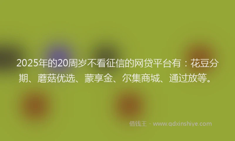 2025年的20周岁不看征信的网贷平台有：花豆分期、蘑菇优选、蒙享金、尔集商城、通过放等。