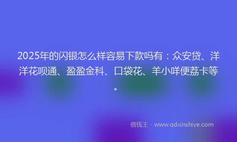 2025年的闪银怎么样容易下款吗有:众安贷、洋洋花呗通、盈盈金科、口袋花、羊小咩便荔卡等。