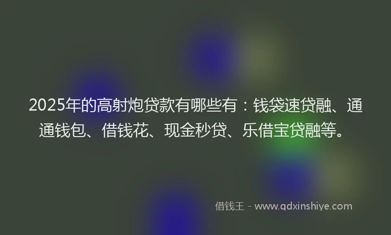 2025年的高射炮贷款有哪些有:钱袋速贷融、通通钱包、借钱花、现金秒贷、乐借宝贷融等。