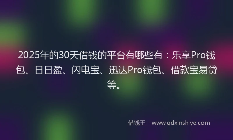 2025年的30天借钱的平台有哪些有：乐享Pro钱包、日日盈、闪电宝、迅达Pro钱包、借款宝易贷等。