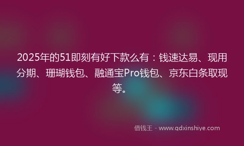 2025年的51即刻有好下款么有：钱速达易、现用分期、珊瑚钱包、融通宝Pro钱包、京东白条取现等。