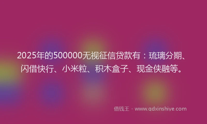 2025年的500000无视征信贷款有：琉璃分期、闪借快行、小米粒、积木盒子、现金侠融等。
