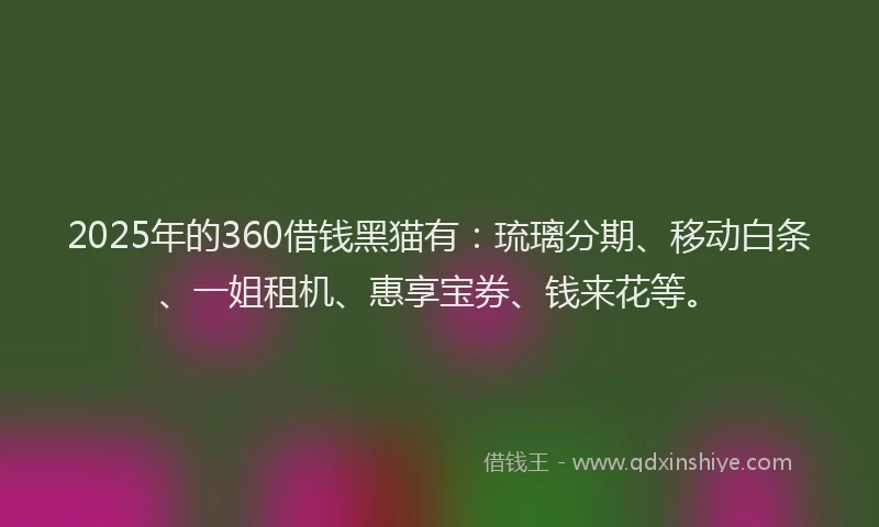 2025年的360借钱黑猫有：琉璃分期、移动白条、一姐租机、惠享宝券、钱来花等。