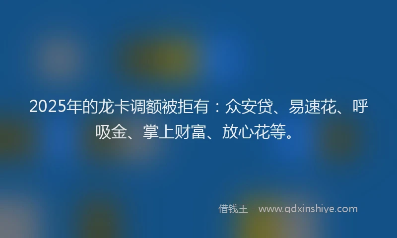 2025年的龙卡调额被拒有：众安贷、易速花、呼吸金、掌上财富、放心花等。